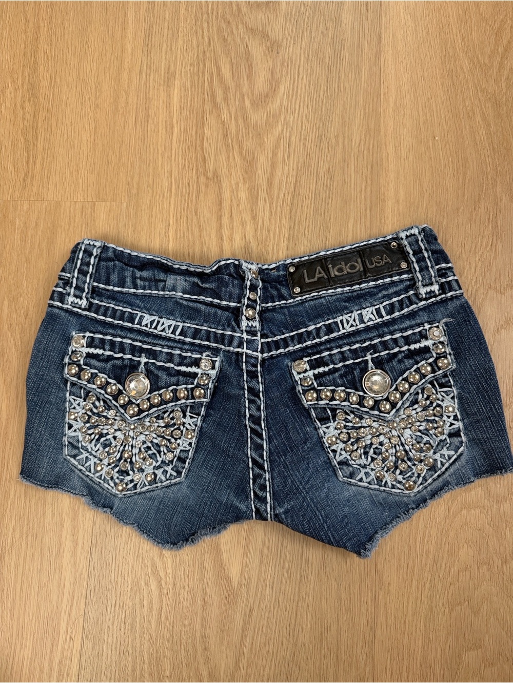 L.A. Idol Studded Low Rise Denim Shorts XS